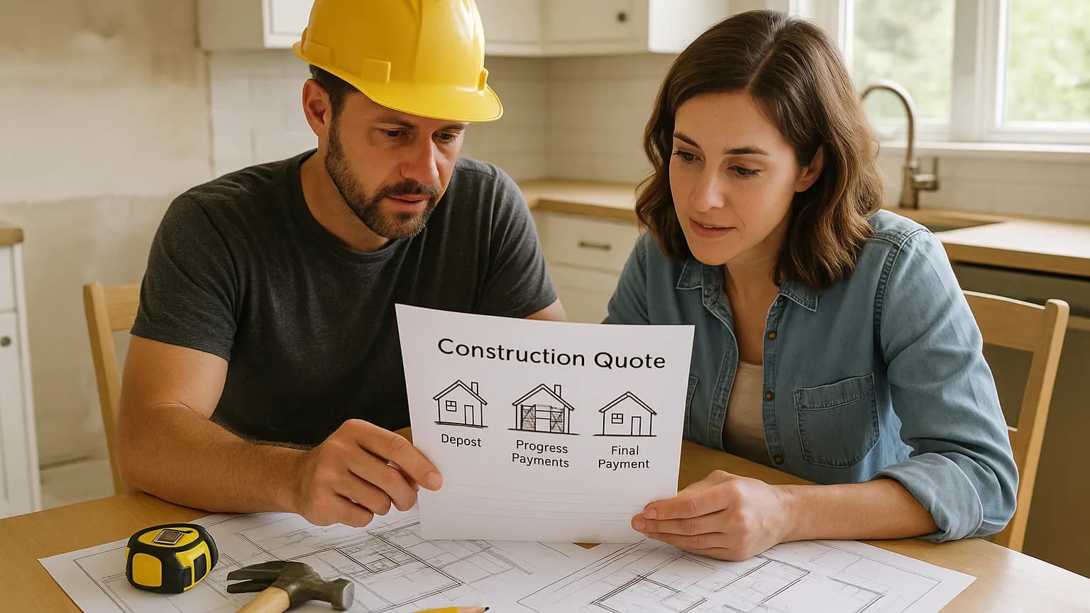 Handwerker und Kunde besprechen Angebot mit Zahlungsplan auf einer Baustelle