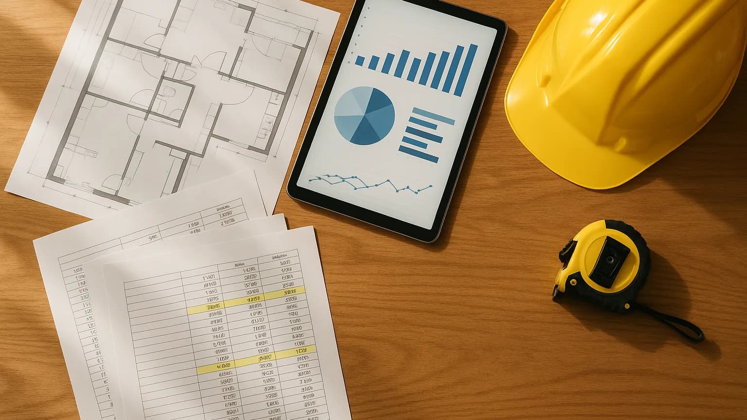 Arbeitsplatz eines Handwerksbetriebs mit Bauplänen und Auswertungen zu Kosten und Cashflow