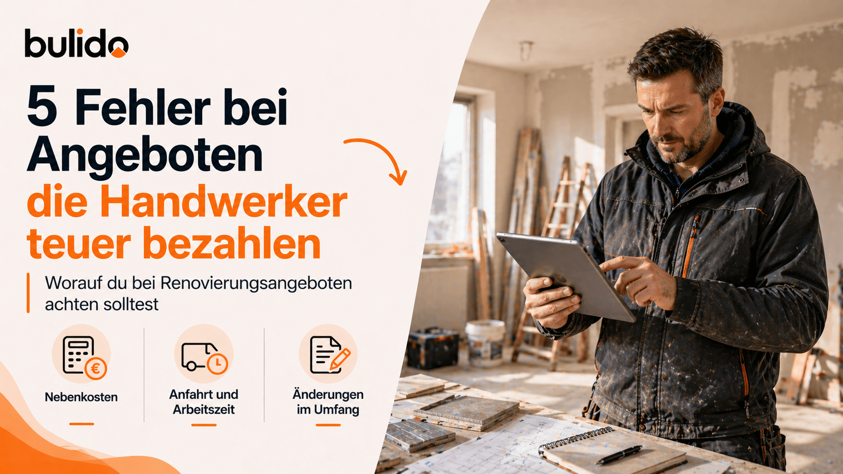 Handwerker mit Taschenrechner und Notizblock, sorgenvoller Blick, Baustelle im Hintergrund