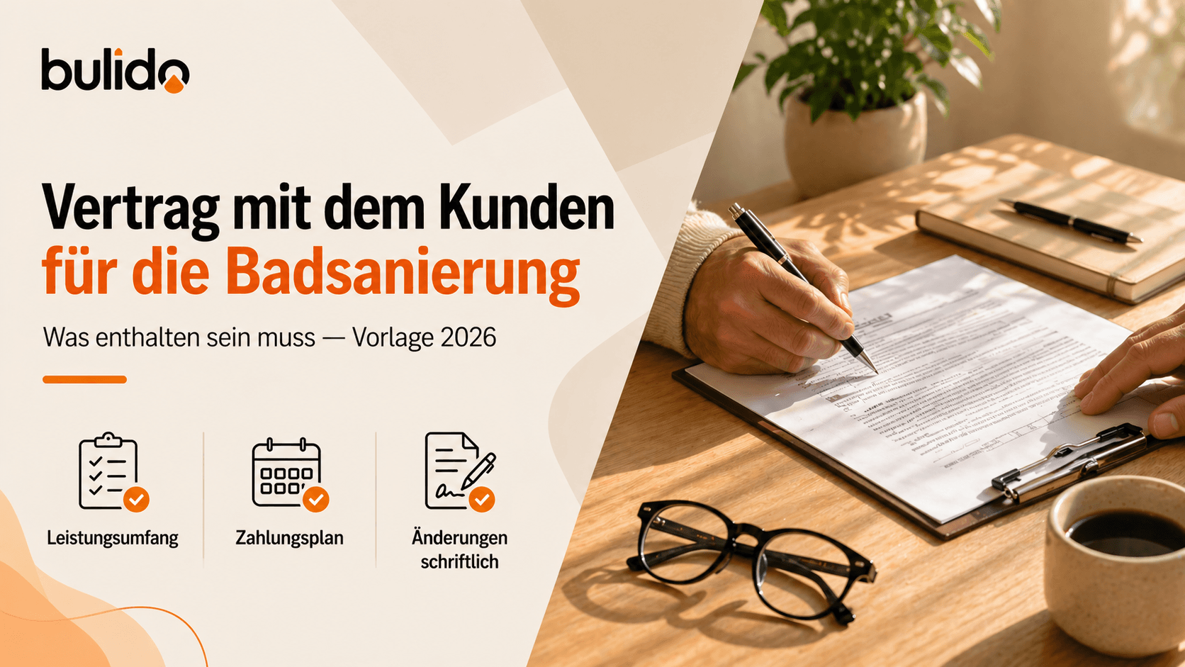 Hände unterschreiben einen Vertrag auf einem Holztisch neben Brille und Kaffeetasse